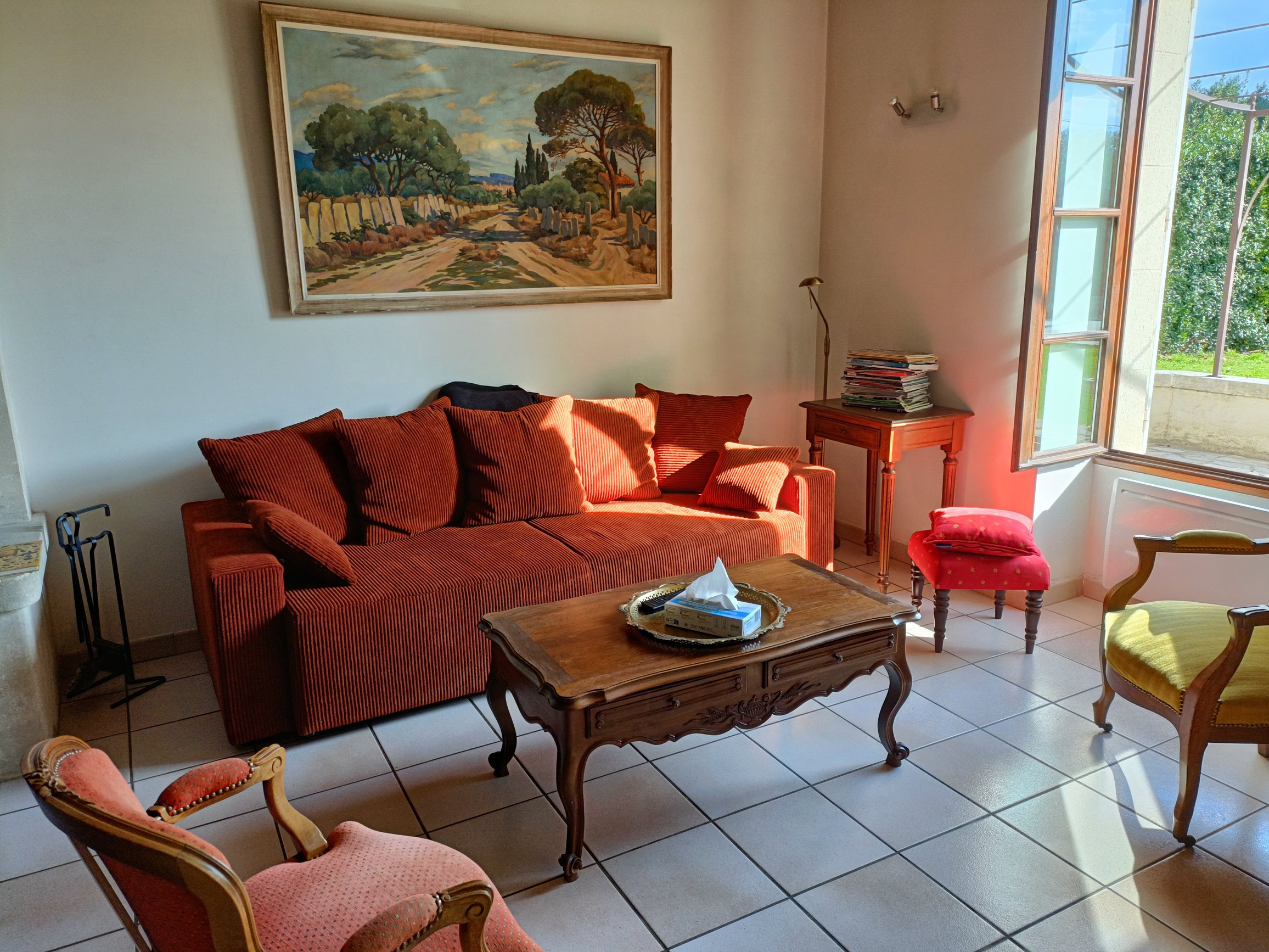 Salon chaleureux avec cheminée et déco provençale
